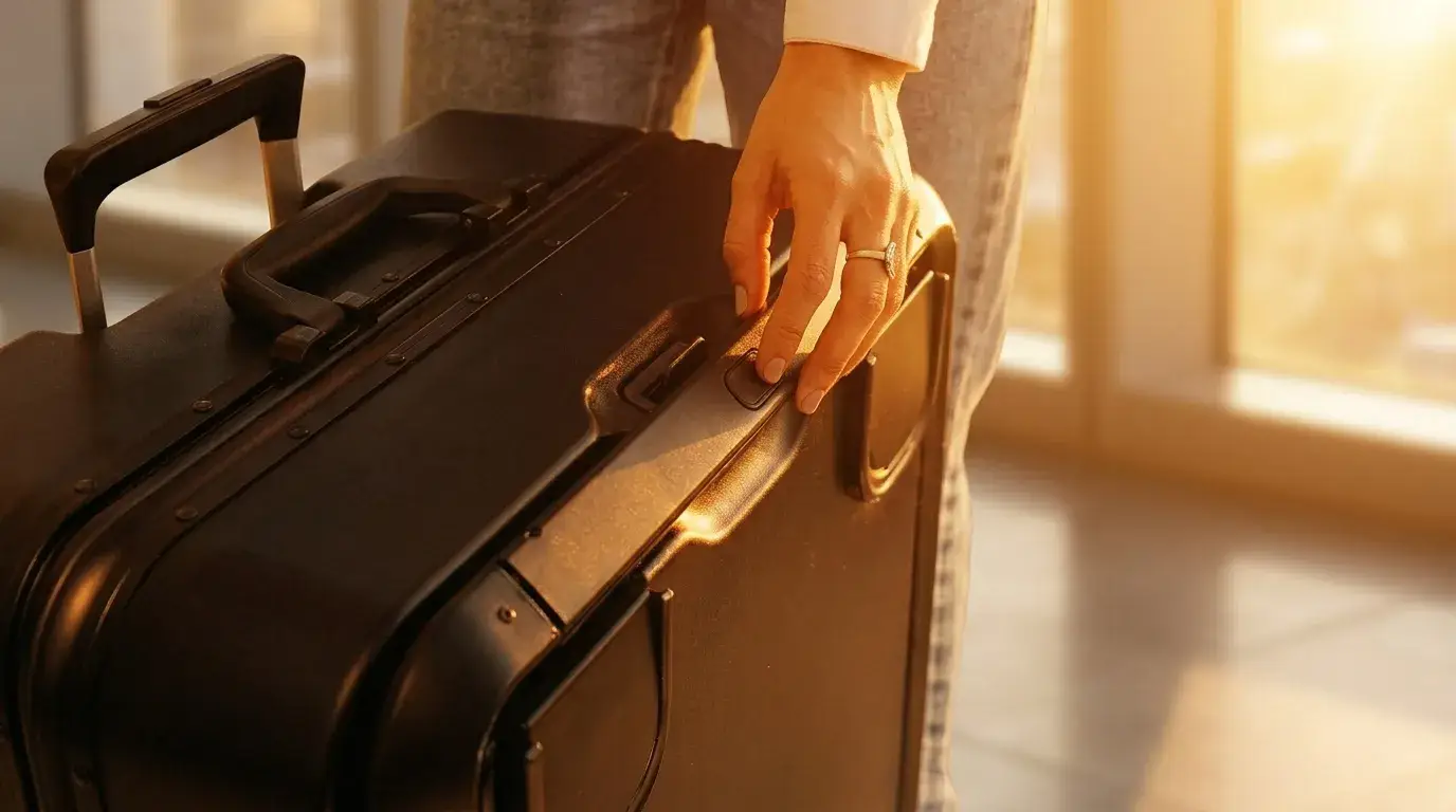 Person mit schwarzem Hartschalenkoffer am Griff, Flughafen im Hintergrund und einfallendes Sonnenlicht